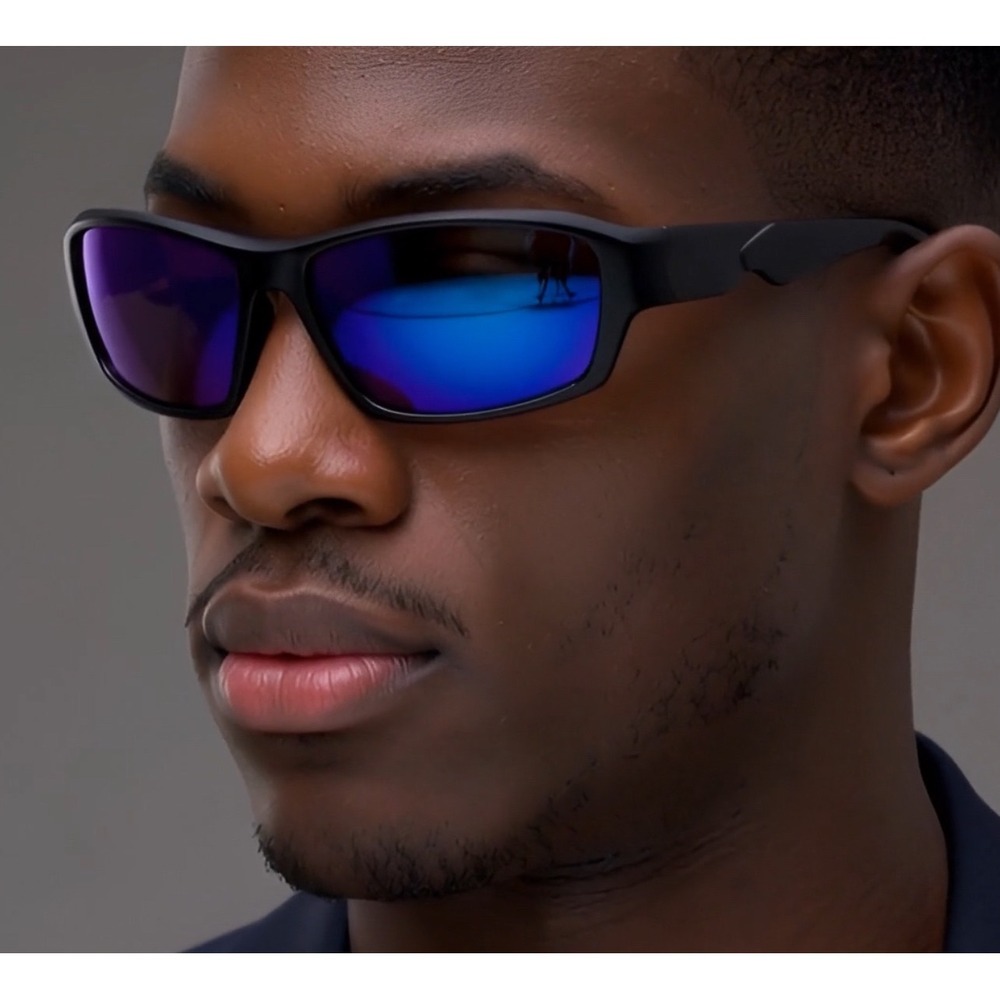 Mens Black Sport Wrap Sunglasses Blue Mirrored Lenses Vibrant Sleek Lentes Gafas